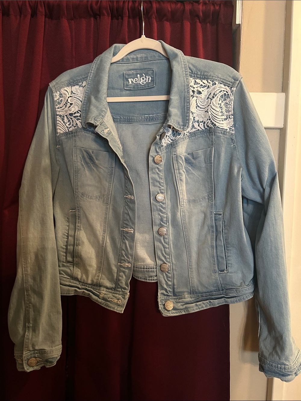 Reign Light Blue Denim Jacket with White Lace Shoulder Panels 2X 1X OX XXL